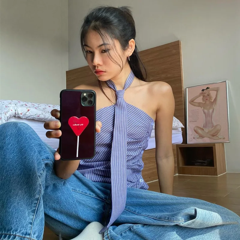 Chic Backless Button Asymmetrical Striped Halter Crop Tops - Image 9