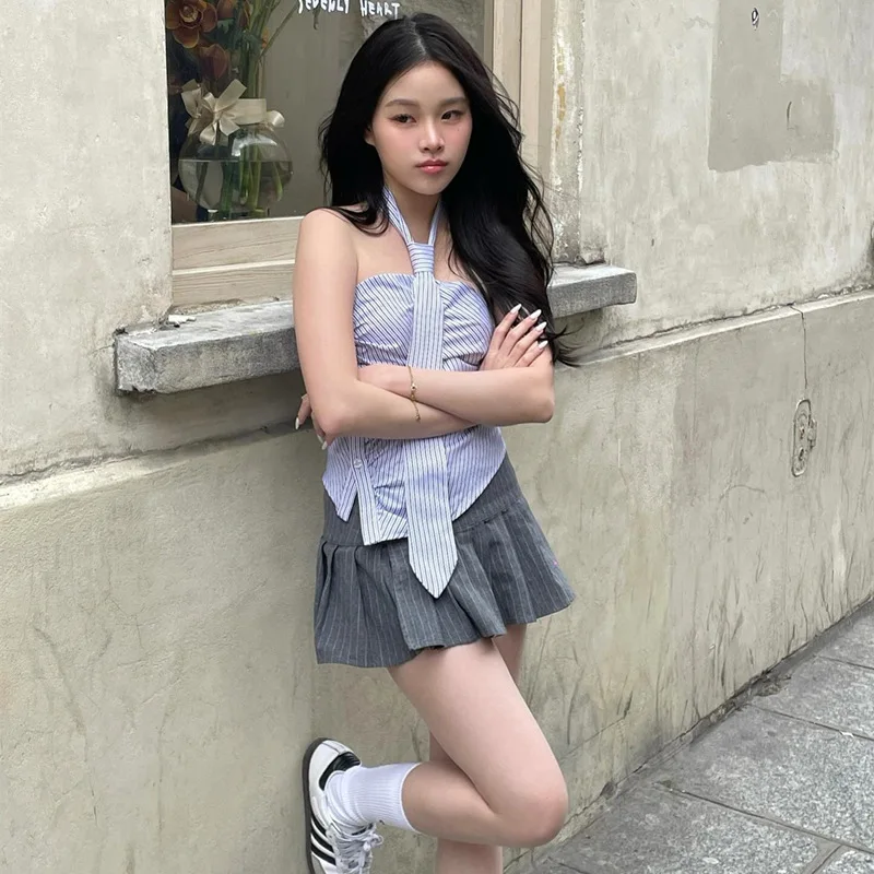 Chic Backless Button Asymmetrical Striped Halter Crop Tops - Image 2