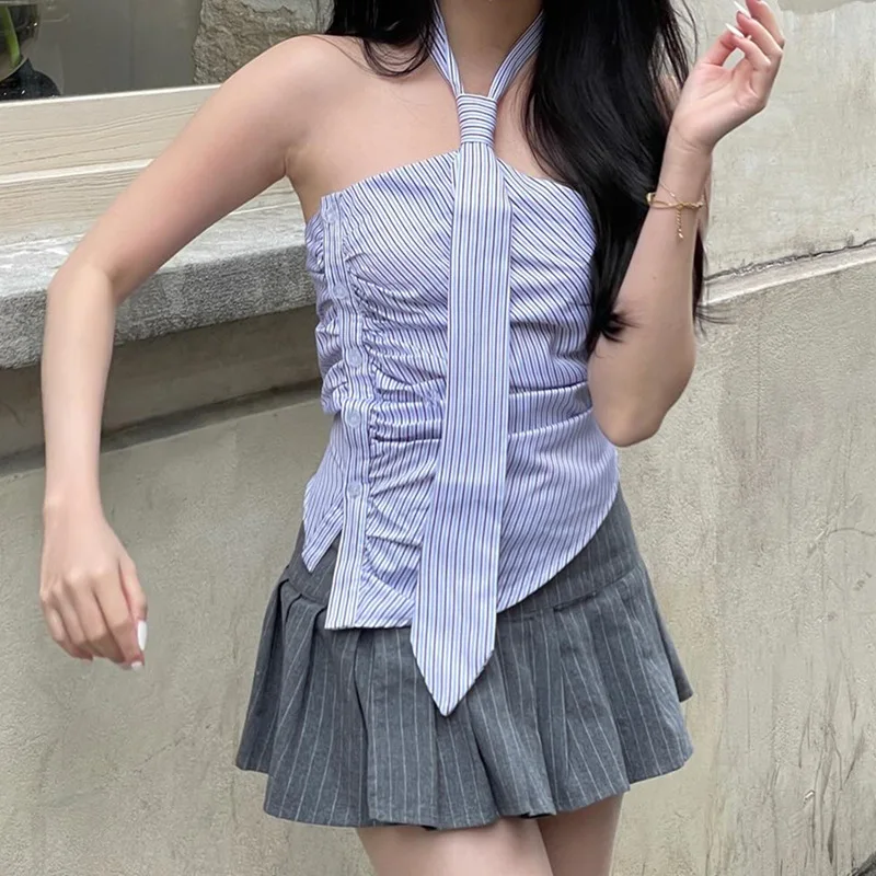 Chic Backless Button Asymmetrical Striped Halter Crop Tops - Image 7