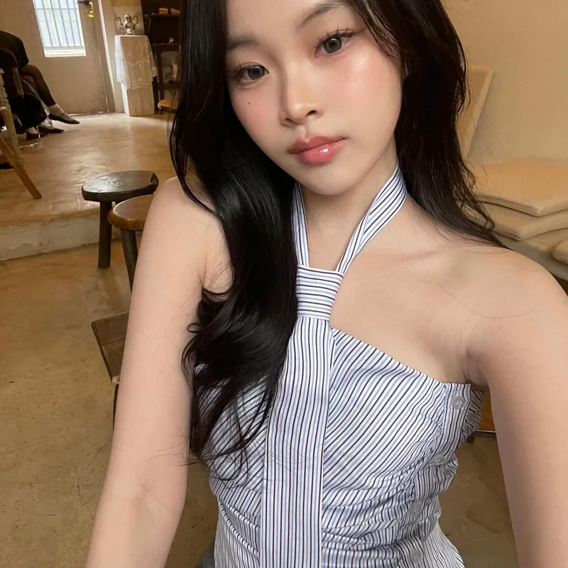 Chic Backless Button Asymmetrical Striped Halter Crop Tops - Image 5