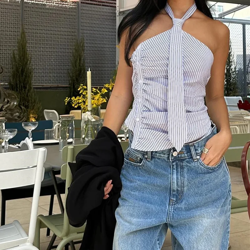 Chic Backless Button Asymmetrical Striped Halter Crop Tops - Image 3