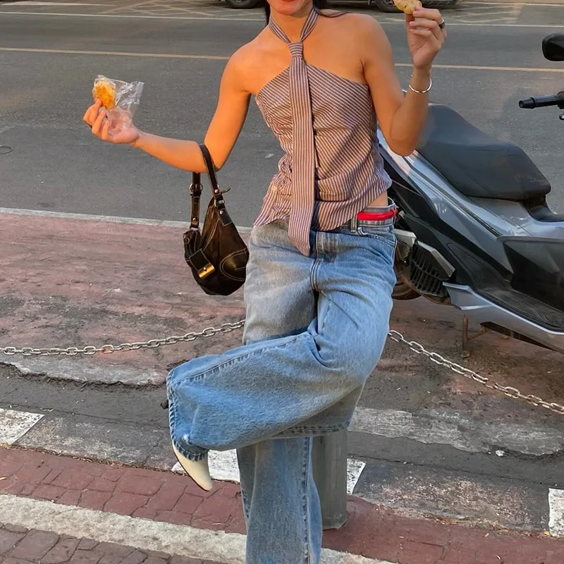 Chic Backless Button Asymmetrical Striped Halter Crop Tops - Image 8