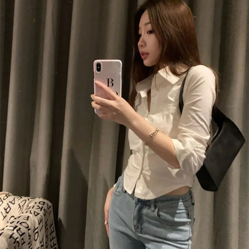 Chic Button Up Long Sleeve Skinny Short Shirt Blouse - Image 4