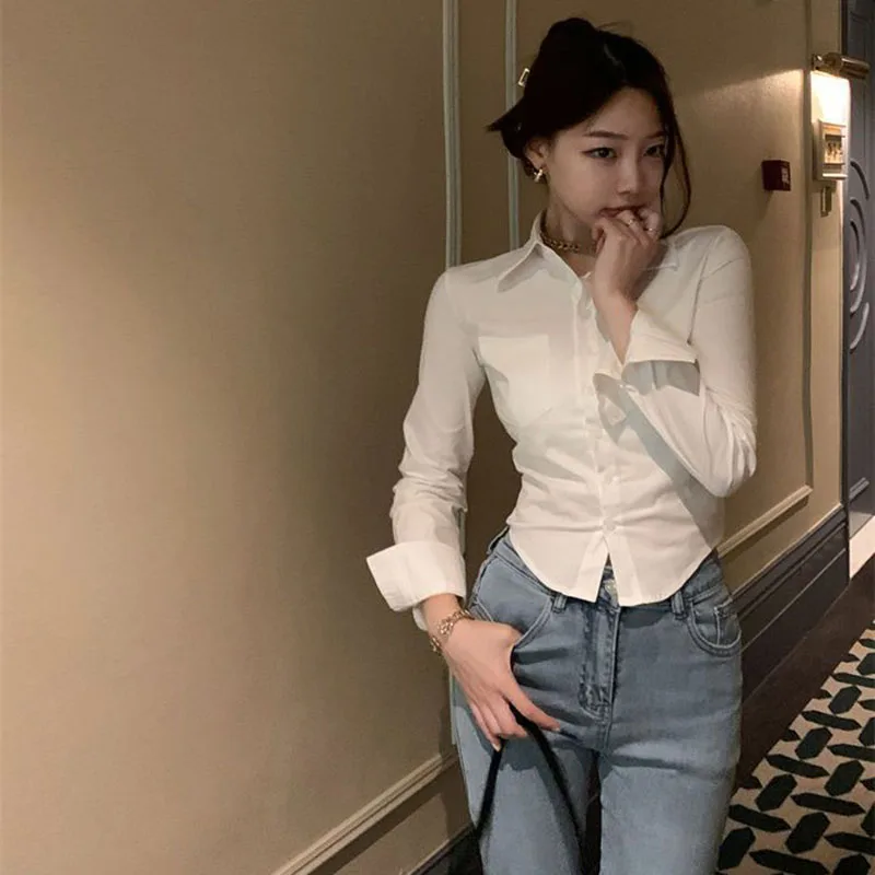 Chic Button Up Long Sleeve Skinny Short Shirt Blouse - Image 5