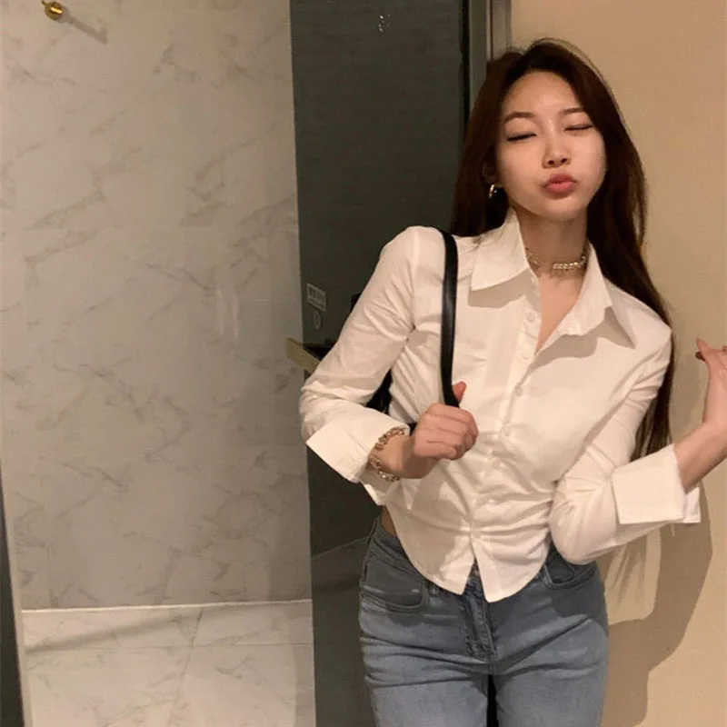 Chic Button Up Long Sleeve Skinny Short Shirt Blouse - Image 3