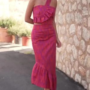 Chic Tie Dyed Spliced Ruffles Skinny High Waist One Shoulder Backless Dress