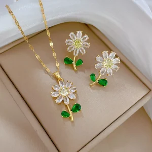 Classic Leaf Flower Necklace and Earrings Set Stainless Steel Jewelry