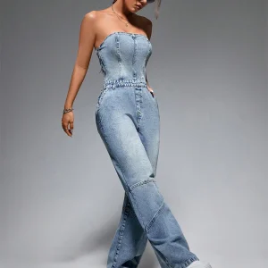 Classic Off Shoulder Sleeveless Tube Top Button High Waist Wide Leg Jumpsuits