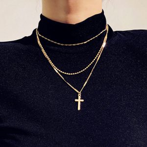 Combination Chain Braid and Sleek Gold Necklaces Cross Charm