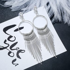 Descending Length Dangling Loop and Rod Earrings Diamond Stud