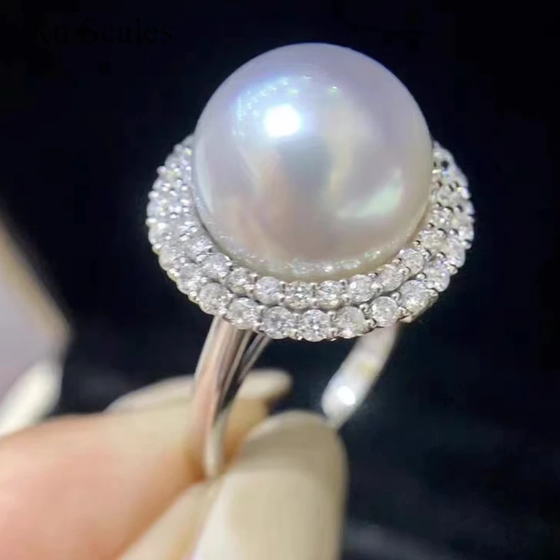 Double Layer Zircon Sunflower Freshwater Round Natural Pearl White Ring - Image 4