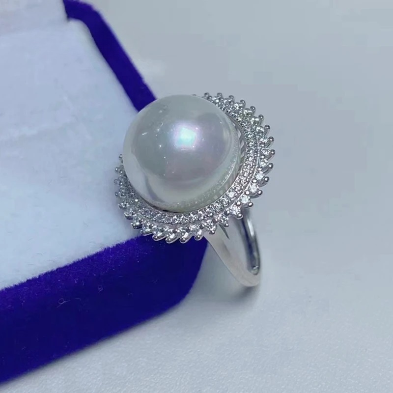 Double Layer Zircon Sunflower Freshwater Round Natural Pearl White Ring - Image 5