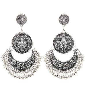 Double Medallions Half Moon with Beaded Edge Bohemian Style Pierced Earrings