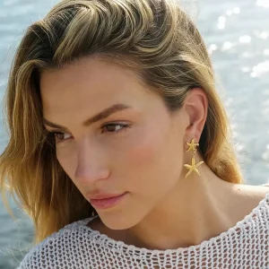 Dual Starfish And Plated Gold Carving Chic Earrings