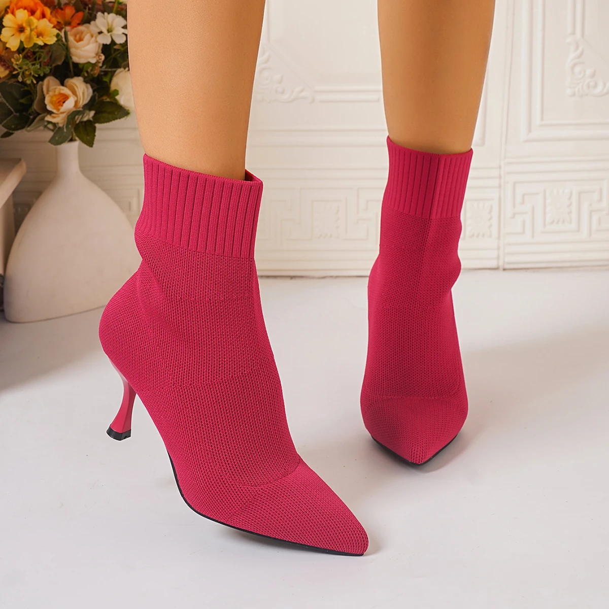 Elastic Sock Stiletto Slip-On Pointed Toe High-heeled Knitted Ankle Boots - Image 9