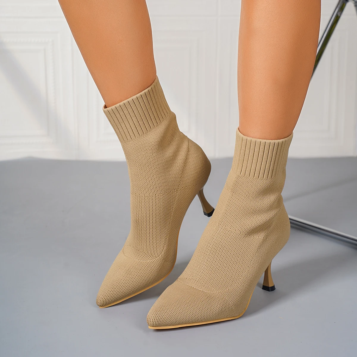 Elastic Sock Stiletto Slip-On Pointed Toe High-heeled Knitted Ankle Boots - Image 12