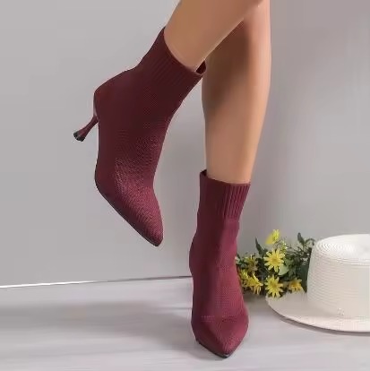 Elastic Sock Stiletto Slip-On Pointed Toe High-heeled Knitted Ankle Boots - Image 14
