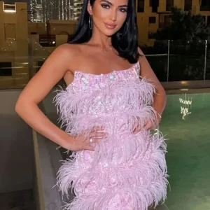 Elegant Chest wrapping Strapless Slim Sequin Feather Mini Dress