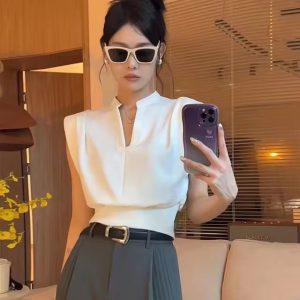 Elegant Chic Patchwork Folds Sleeveless Shirt Type Crop Tops