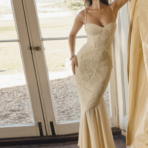 Elegant Chic Patchwork Irregular Lace Straps Ruffles Bodycon Maxi Dress