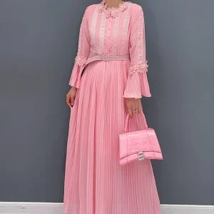 Elegant Chic Pleats O-Neck Flared Sleeves Lace Dress