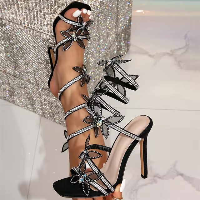 Elegant Crystal Butterfly-knot Ankle Strap Open Toe Thin High Heels Party Pumps Sandals - Image 20