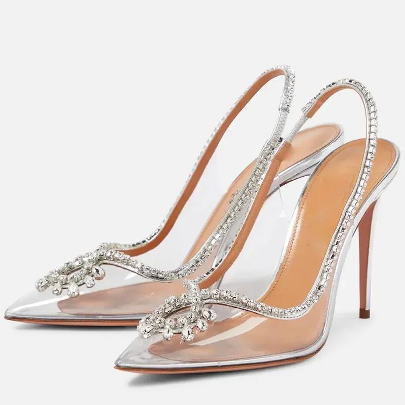 Elegant Crystal PVC Transparent Slingbacks Party Wedding Thin Heels Sandals