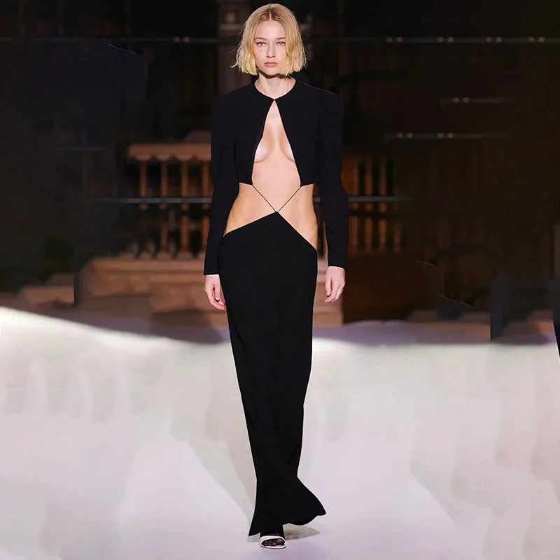 Elegant Cut Out Long Sleeve Maxi Dress Bandage Party Club Outfits - Image 2