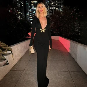 Elegant Deep V Long Sleeve Neck Maxi Dress Club Outfits