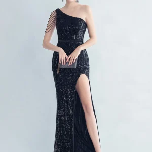 Elegant Diagonal Collar Backless Sequin Birthday Party Long Maxi Dress
