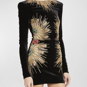 Elegant Diamonds Beaded Designer Long Sleeve Stunning Sequined Mini Dress