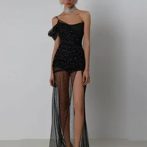 Elegant Diamonds One Shoulder Split Mesh Party Club Dress 2-Piece Set