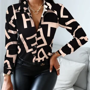 Elegant Digital Print Slim Fit Shirt Slight Stretch Office Outfit