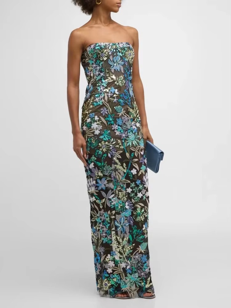 Elegant Empire Floral Embroidery Design Sleeveless Long Dress - Image 2