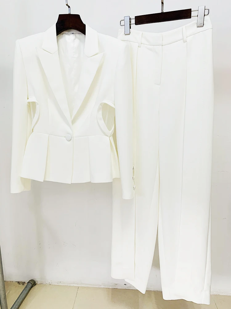 Elegant Hollow Out Single Button Blazer Slit Pants Designer Suit Set - Image 3