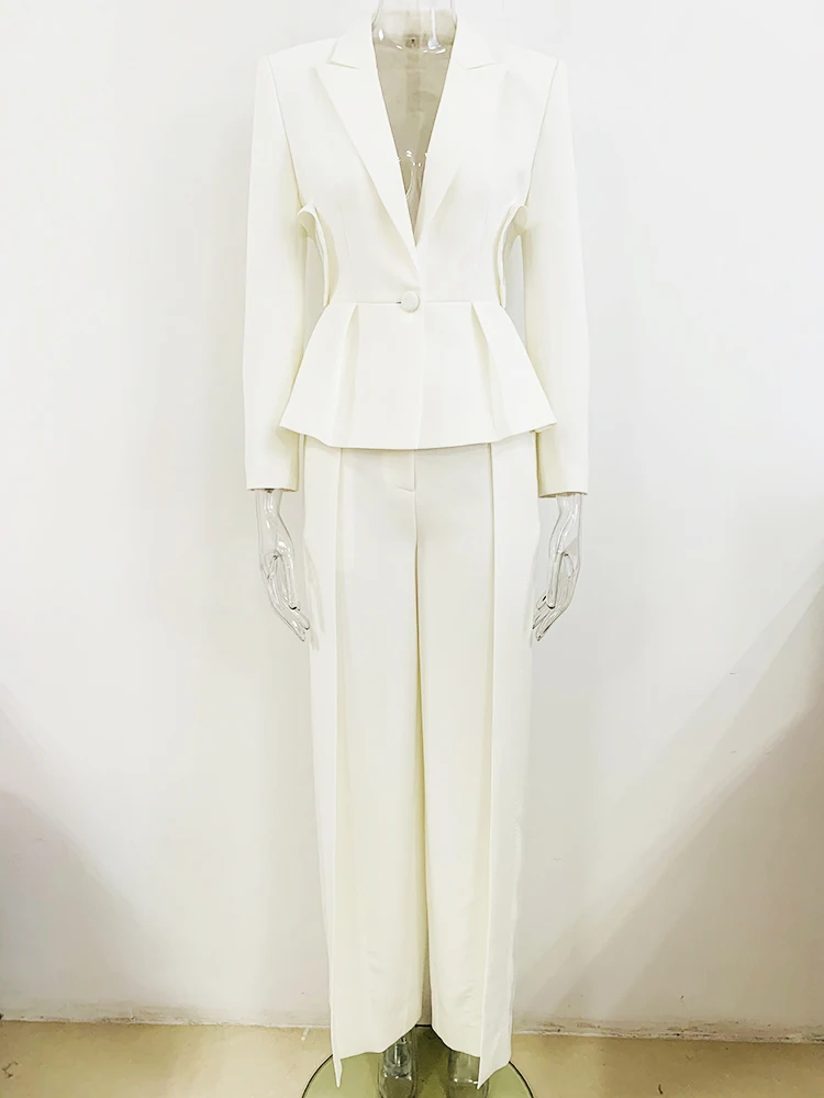 Elegant Hollow Out Single Button Blazer Slit Pants Designer Suit Set - Image 2
