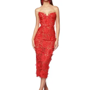 Elegant Hollow Out Strapless Embroidery Flower Lace Bodycon Midi Dress