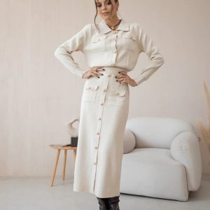 Elegant Knit Viscose Long Sleeve Blazer Skirt Two Piece Set