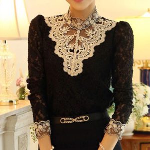 Elegant Lace Flower Hollow Formal Embroidery Long Sleeve Blouse Shirts