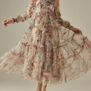 Elegant Lace Lantern Sleeve Mesh Print Cascading Ruffle Vacation Ball Gown Dresses