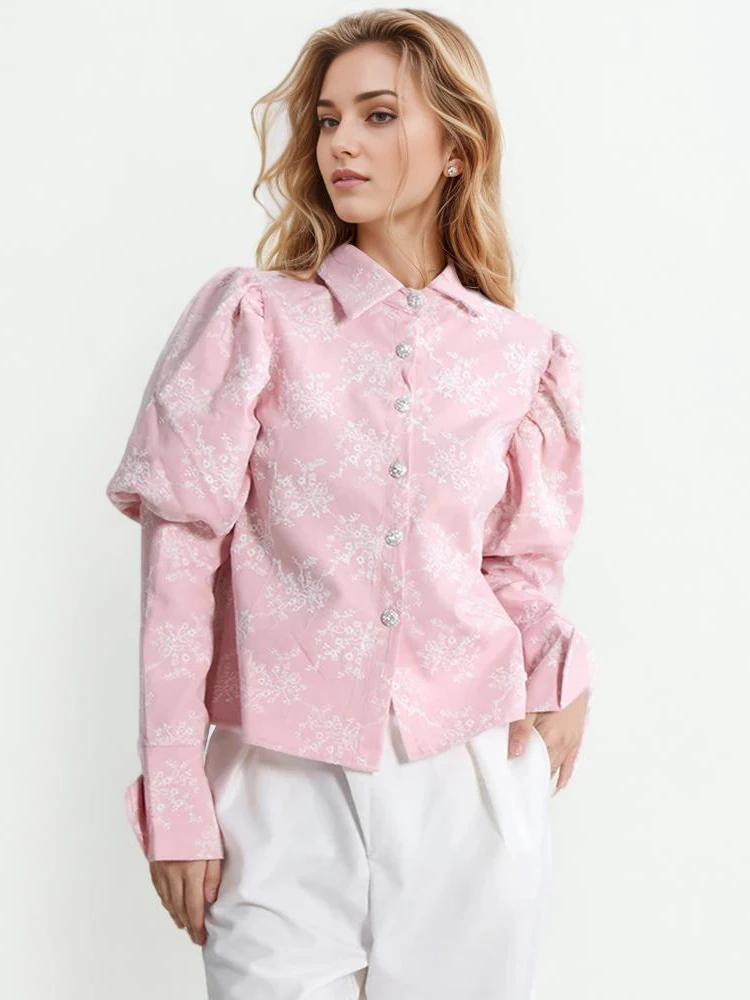 Elegant Lapel Puff Sleeve Patchwork Button Embroidery Shirt