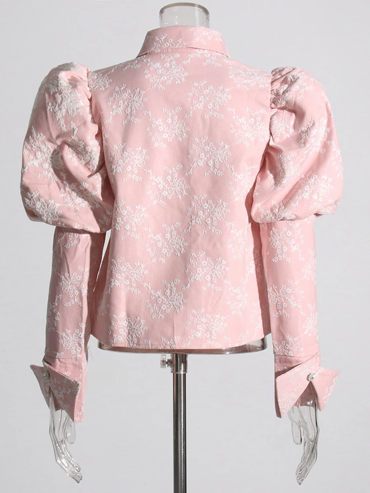 Elegant Lapel Puff Sleeve Patchwork Button Embroidery Shirt - Image 3