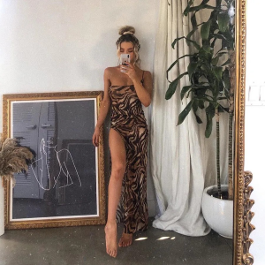 Elegant Leopard Print One Shoulder Backless Elastic Maxi Dress