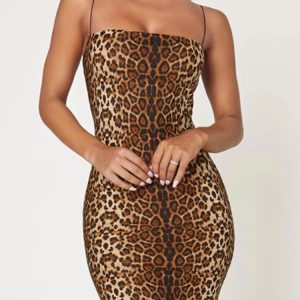 Elegant Leopard Print Spaghetti Strap Slim Skinny Bodycon Mini Dress