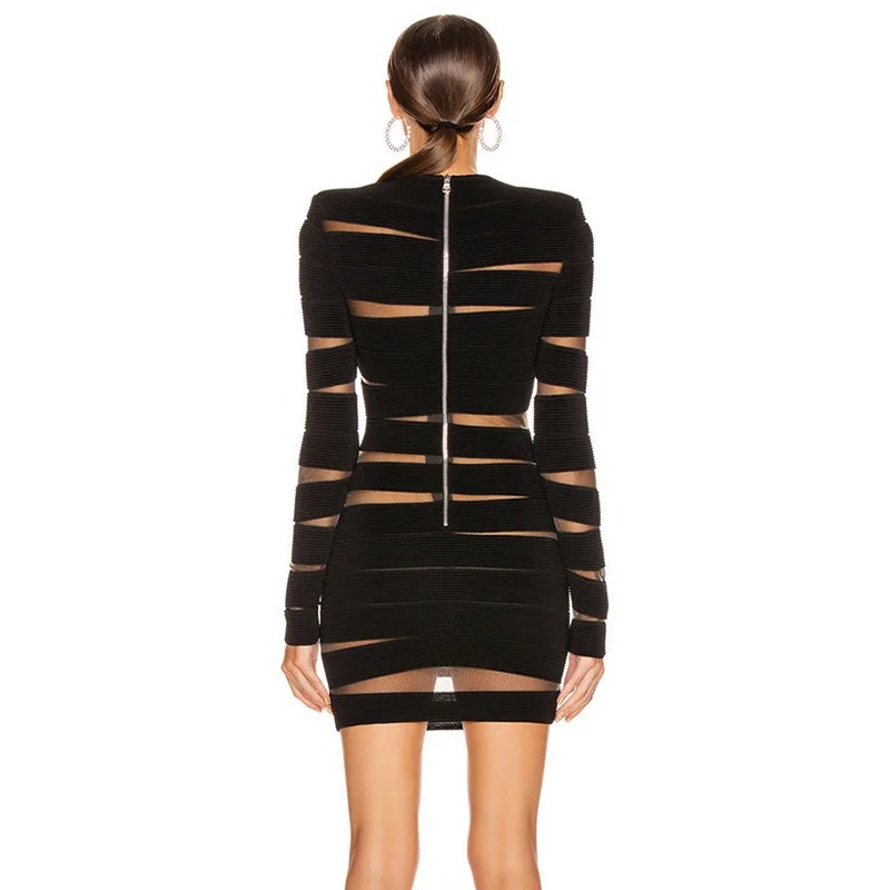 Elegant Long-Sleeved Mesh Irregular Hollow Niche Round Neck Hundred Slim Fit Mini Dress - Image 2