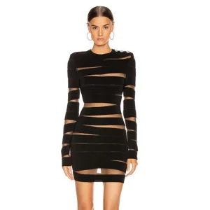 Elegant Long-Sleeved Mesh Irregular Hollow Niche Round Neck Hundred Slim Fit Mini Dress
