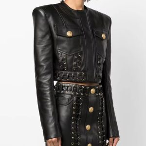 Elegant O-neck Rope Lace-Up Trimmed Artificial Leather Designer Blazer