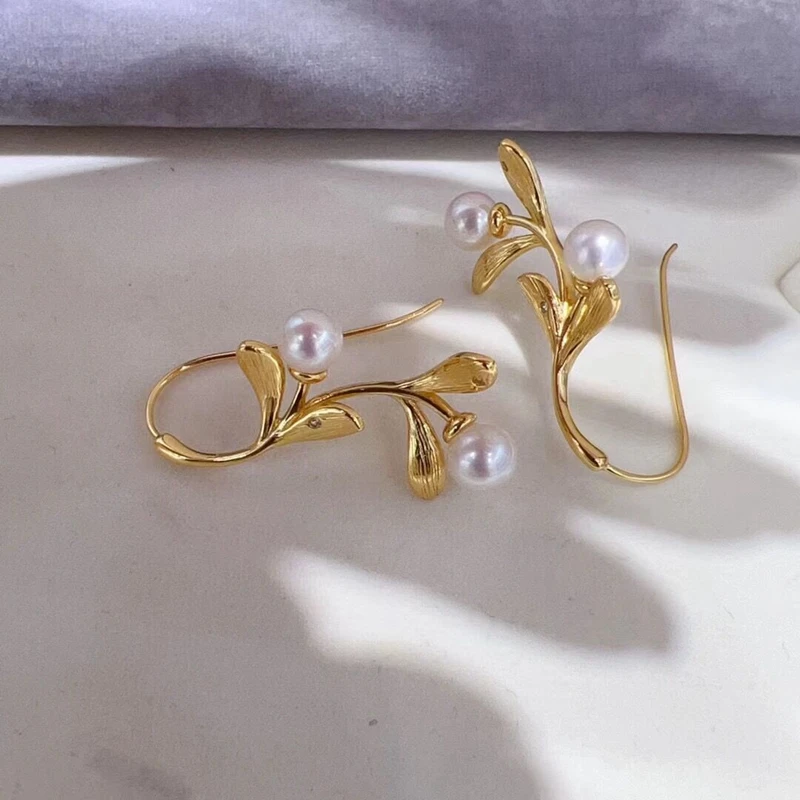Elegant Olive Branch Pearl Ear Hook Akoya Pearl Earrings Brushed Vintage Style - Image 2
