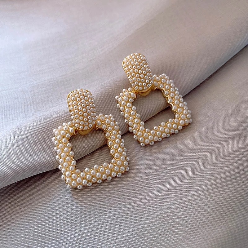 Elegant Pearl Geometric Square Dangle Earrings - Image 2