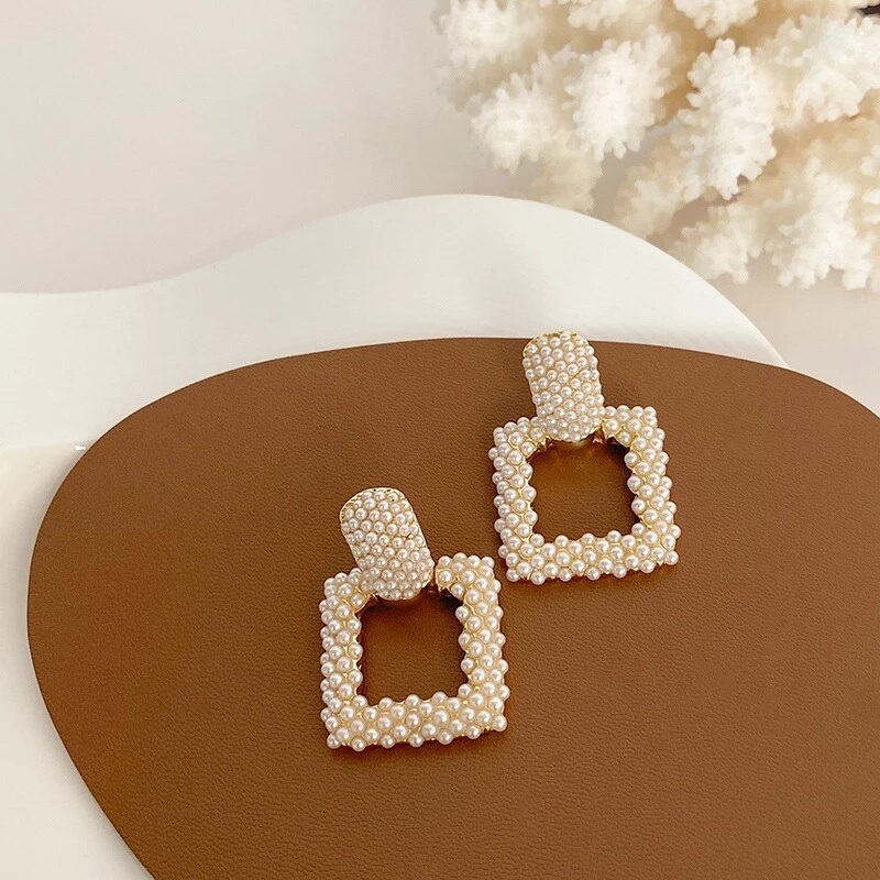 Elegant Pearl Geometric Square Dangle Earrings - Image 10